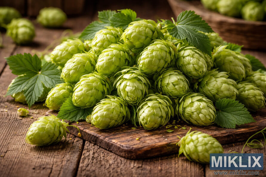 Fresh green Cerera hop cones arranged on a rustic wooden table with leaves and tendrils