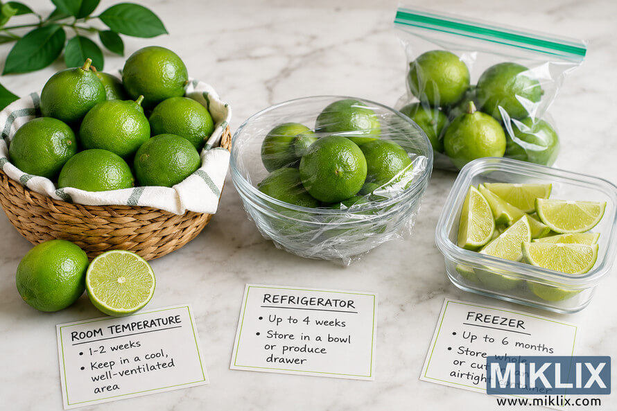 High-resolution landscape image showing fresh whole and cut limes arranged on a light stone countertop with several citrus storage methods, including a woven basket, a glass bowl covered with wrap, a clear resealable storage bag, and a food container with lime wedges, accompanied by handwritten storage information cards explaining room temperature, refrigerator, and freezer storage.