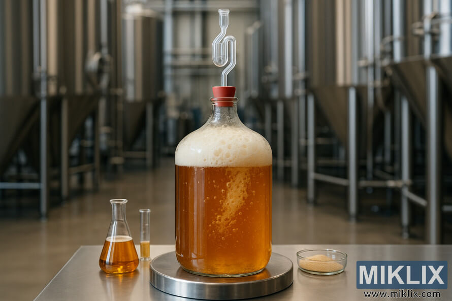 GlerflÃ¶sku meÃ° gerjuÃ°um gulbrÃºnum bjÃ³r meÃ° krausen og loftlÃ¡s Ã­ atvinnubrugghÃºsi.