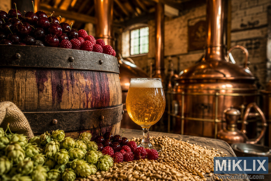Close-up of a traditional Belgian lambic brewing setup featuring a fruit-filled wooden fermentation barrel, aromatic hops and grains, a golden sparkling lambic in a glass, and a softly blurred historic brewery with copper vessels and wooden beams in warm ambient light.