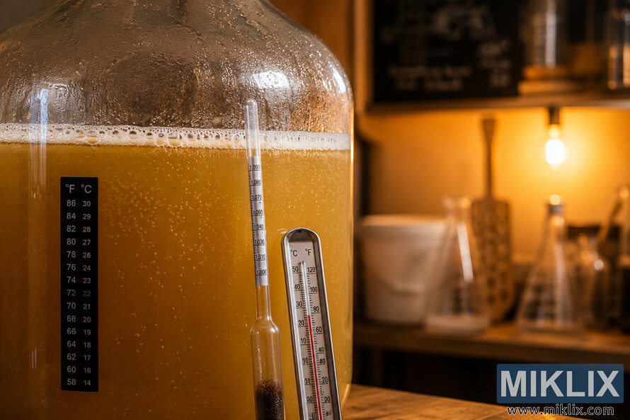 Close-up photograph of a translucent home brewing fermentation vessel containing cloudy golden beer wort with small bubbles, condensation on the glass, a hydrometer and thermometer resting against the vessel, and softly blurred brewing equipment illuminated by warm ambient lighting. Close-up photograph of a translucent home brewing fermentation vessel containing cloudy golden beer wort with small bubbles, condensation on the glass, a hydrometer and thermometer resting against the vessel, and softly blurred brewing equipment illuminated by warm ambient lighting.