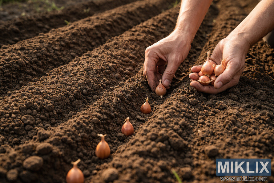 Hands placing shallot sets into neat rows of freshly prepared soil in a garden bed.