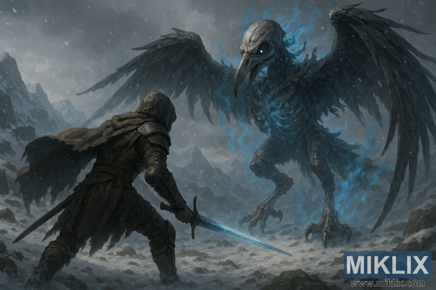 Tukio dhahania halisi la shujaa aliyevalia kivita anayeonekana kwa nyuma akikabiliana na ndege mrefu wa mifupa aliyepambwa kwa miali ya samawati kwenye milima yenye theluji.