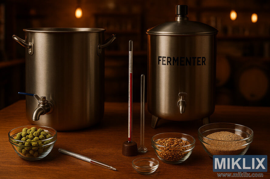 Home brewing setup with stainless steel kettle, fermenter, hops, malt, and measuring tools on a wooden table Home brewing setup with stainless steel kettle, fermenter, hops, malt, and measuring tools on a wooden table