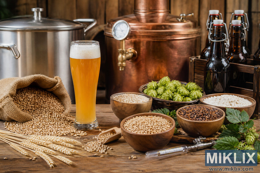 Rustic brewing equipment and ingredients for German wheat beer arranged on a wooden table with copper kettles, hops, grains, barley, bottles, and a freshly poured wheat beer in warm natural lighting. Rustic brewing equipment and ingredients for German wheat beer arranged on a wooden table with copper kettles, hops, grains, barley, bottles, and a freshly poured wheat beer in warm natural lighting.
