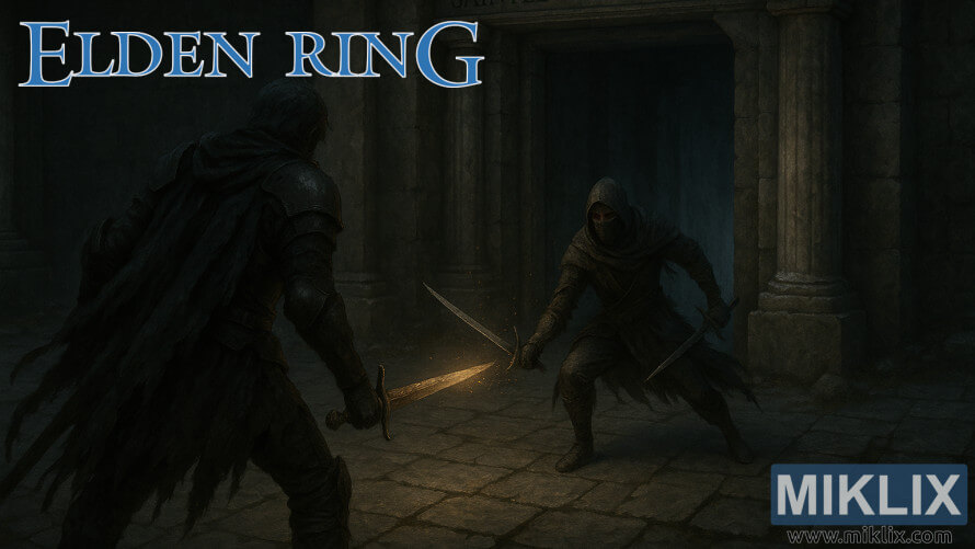 Fan art of Elden Ring player in Black Knife armor battling Black Knife Assassin at Sainted Hero's Grave entrance Fan art of Elden Ring player in Black Knife armor battling Black Knife Assassin at Sainted Hero's Grave entrance