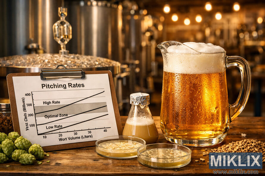 A close-up brewing scene showing a frothy pitcher of golden lager beer beside a yeast pitching rate chart, petri dishes, and fermentation equipment in a warmly lit brewery. A close-up brewing scene showing a frothy pitcher of golden lager beer beside a yeast pitching rate chart, petri dishes, and fermentation equipment in a warmly lit brewery.