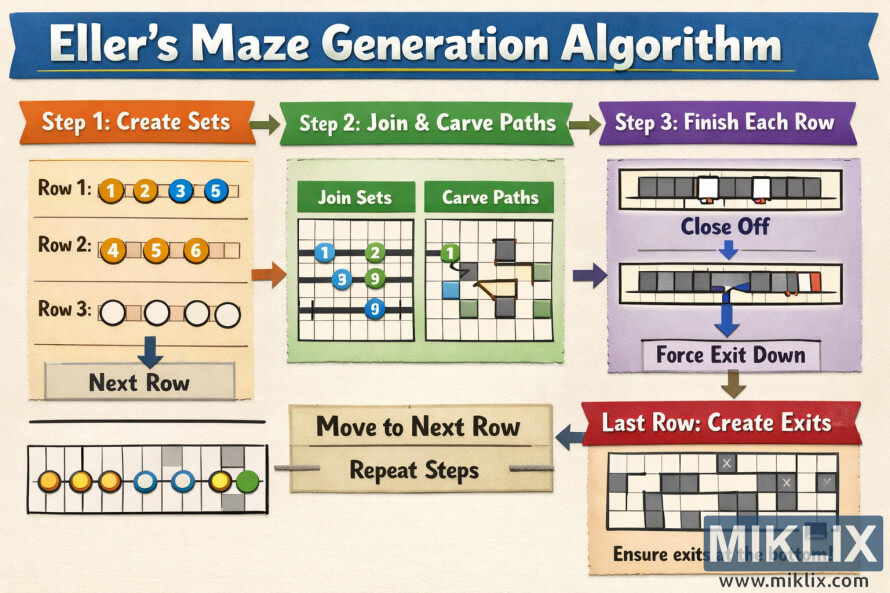 Infografika s krajinou vysvětlující Ellerův algoritmus generování bludiště s barevně kódovanými kroky ukazujícími, jak jsou řádky zpracovávány a propojovány.