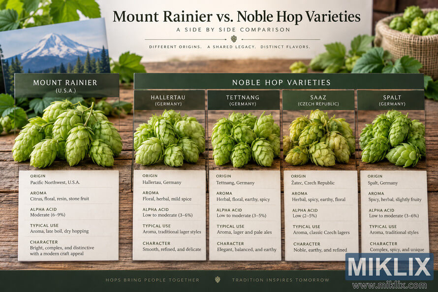 Landscape infographic comparing fresh Mount Rainier hops with Hallertau, Tettnang, Saaz, and Spalt noble hops on a rustic wooden table, with columns showing each varietyâs origin, aroma, alpha-acid range, typical uses, and character. Landscape infographic comparing fresh Mount Rainier hops with Hallertau, Tettnang, Saaz, and Spalt noble hops on a rustic wooden table, with columns showing each varietyâs origin, aroma, alpha-acid range, typical uses, and character.