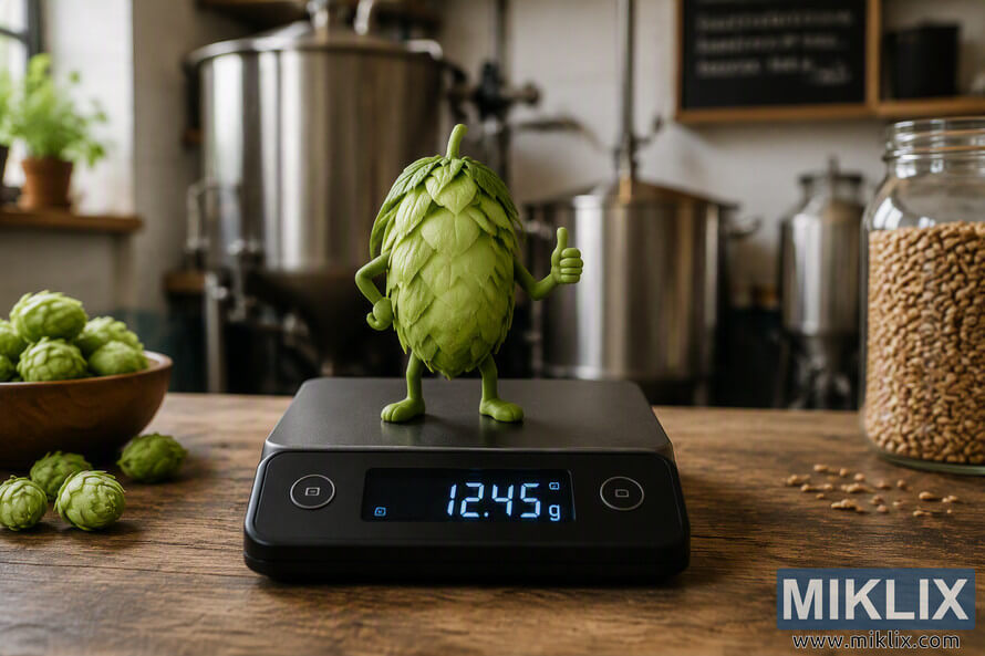 A whimsical green hop cone character stands upright on a digital scale in a brewery setting. Stainless steel brewing equipment fills the softly blurred background, while loose hop cones and a jar of grains sit on a rustic wooden worktable. The scale display reads 1245 grams, visually representing the concept of measuring progress through brewing ingredients and production metrics. A whimsical green hop cone character stands upright on a digital scale in a brewery setting. Stainless steel brewing equipment fills the softly blurred background, while loose hop cones and a jar of grains sit on a rustic wooden worktable. The scale display reads 1245 grams, visually representing the concept of measuring progress through brewing ingredients and production metrics.