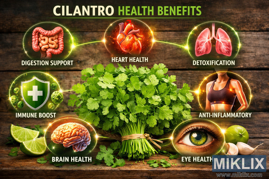Infographic-style landscape image showing a fresh bunch of cilantro on a rustic wooden surface surrounded by glowing circular icons that represent different human body systems and health benefits, including digestion support, heart health, detoxification, immune boost, brain health, anti-inflammatory effects, and eye health. Infographic-style landscape image showing a fresh bunch of cilantro on a rustic wooden surface surrounded by glowing circular icons that represent different human body systems and health benefits, including digestion support, heart health, detoxification, immune boost, brain health, anti-inflammatory effects, and eye health.