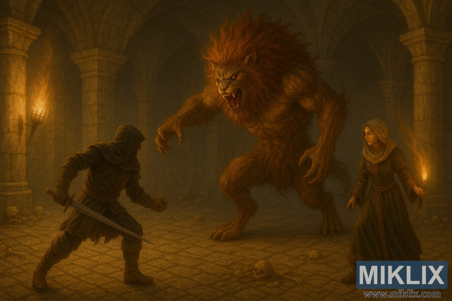 Escena de batalla de fantasÃ­a oscura que muestra a Tarnished sosteniendo una espada en su mano izquierda mientras lucha contra un Leonine Misbegotten y la Perfumista Tricia en un salÃ³n subterrÃ¡neo iluminado con antorchas.