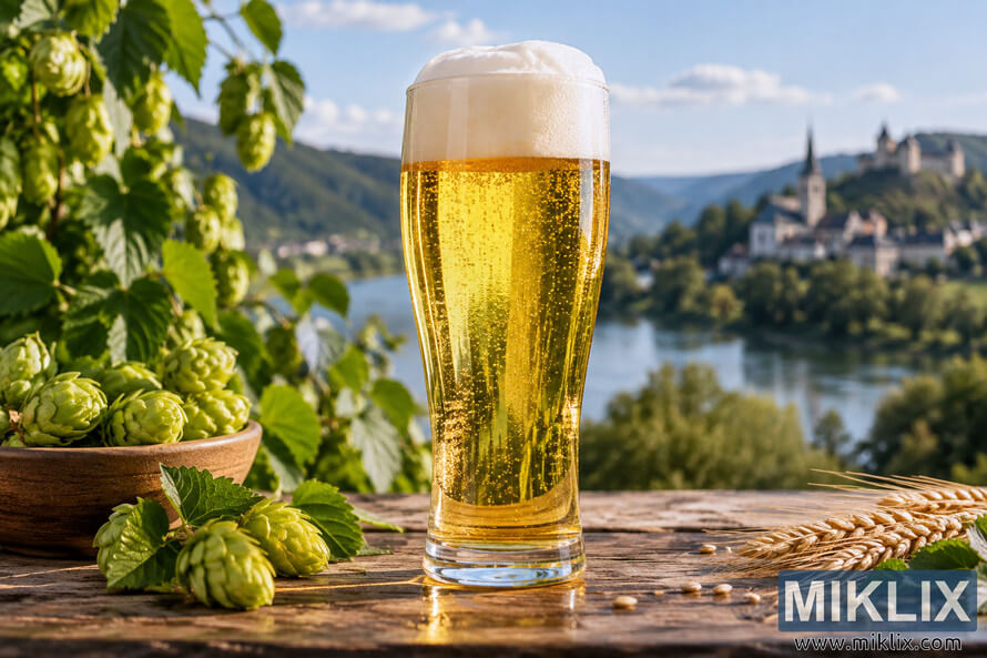 Clear golden German-style pilsner with a thick white foam head on a rustic wooden table, surrounded by fresh green hops and golden grain, with a softly blurred European river valley, historic village, church spire, hills, and castle in the sunny background. Clear golden German-style pilsner with a thick white foam head on a rustic wooden table, surrounded by fresh green hops and golden grain, with a softly blurred European river valley, historic village, church spire, hills, and castle in the sunny background.