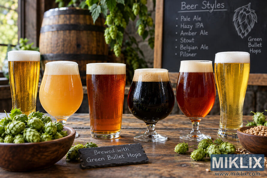 Six different beer styles in glasses on a rustic wooden brewery table, ranging from clear golden and hazy pale beers to amber, dark stout, reddish-brown and pilsner-like beers, surrounded by fresh green hop cones and brewing grains, with a wooden barrel and a chalkboard referencing Green Bullet hops in the background. Six different beer styles in glasses on a rustic wooden brewery table, ranging from clear golden and hazy pale beers to amber, dark stout, reddish-brown and pilsner-like beers, surrounded by fresh green hop cones and brewing grains, with a wooden barrel and a chalkboard referencing Green Bullet hops in the background.