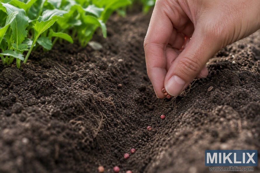 Close-up landscape photograph of a gardener carefully planting small radish seeds into a shallow furrow of dark garden soil, with softly blurred green plants in the background under natural daylight.