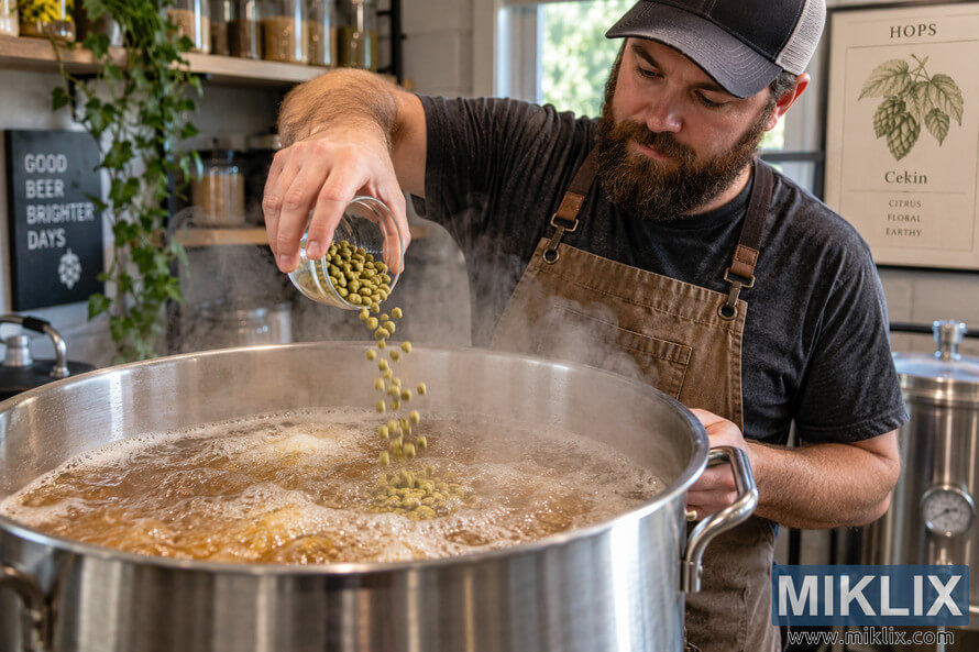 Homebrewer in an apron pouring green Cekin hop pellets from a glass container into vigorously boiling amber wort in a large stainless-steel brewing kettle.
