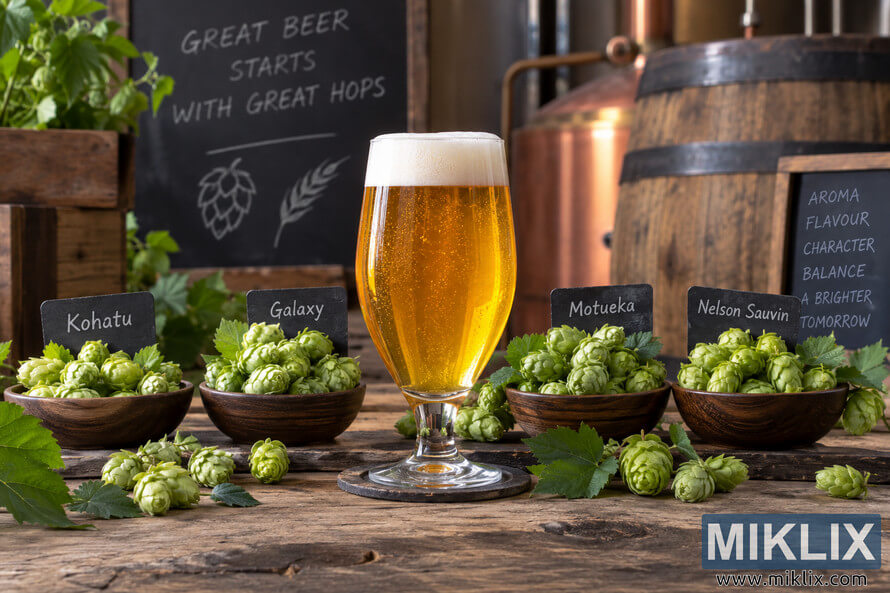 Golden craft beer in a stemmed glass surrounded by wooden bowls of green hops labeled Kohatu, Galaxy, Motueka and Nelson Sauvin on a rustic brewery table. Golden craft beer in a stemmed glass surrounded by wooden bowls of green hops labeled Kohatu, Galaxy, Motueka and Nelson Sauvin on a rustic brewery table.