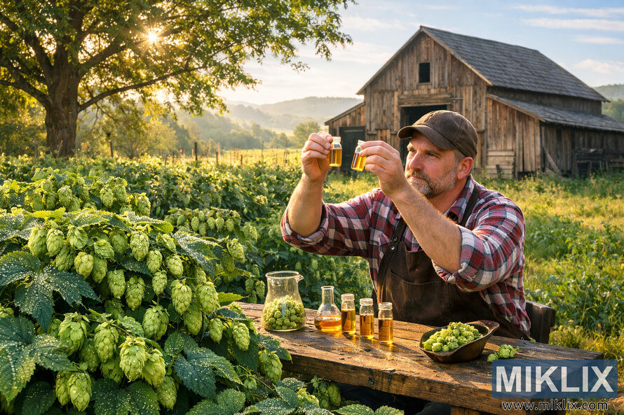 A brewer studies golden hop oil vials at a rustic wooden table in a lush, dew-covered Tolhurst hop field with a barn and rolling hills in the background.