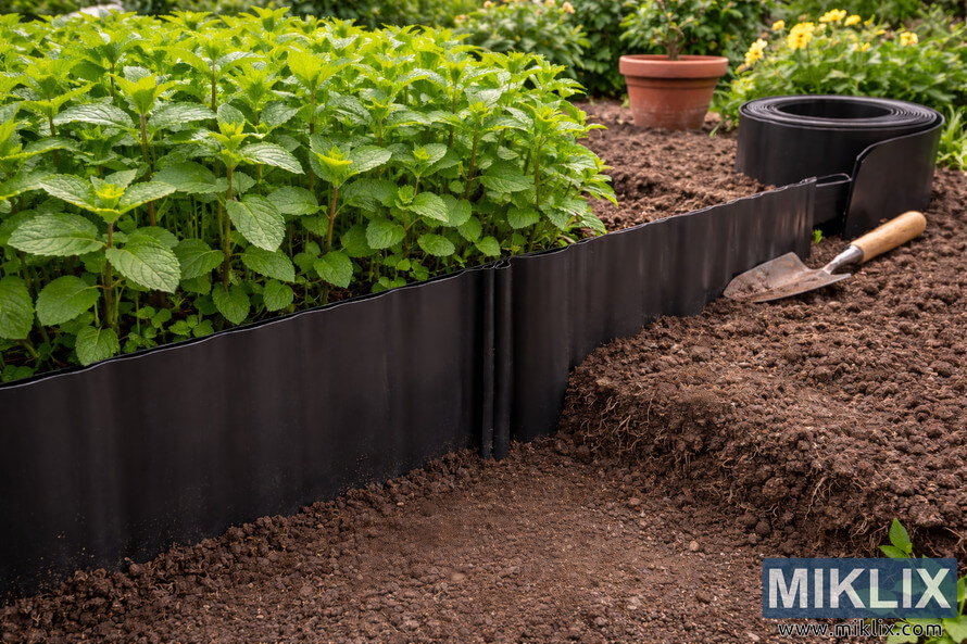 Black plastic root barrier installed in a garden bed to contain spreading mint plants with soil and gardening tools nearby