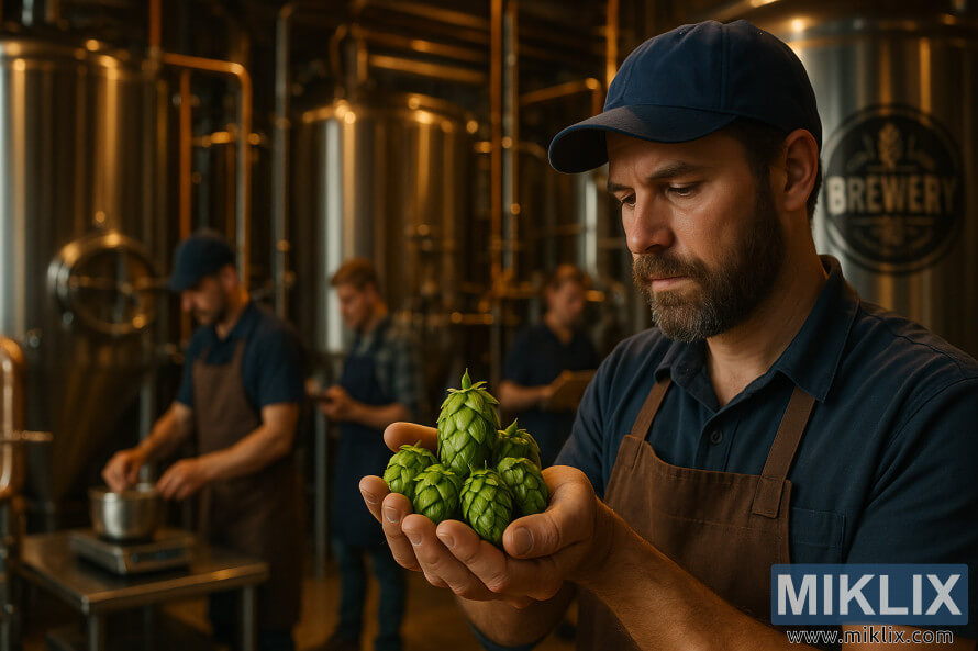 Pivovar pregleda Å¾ivahen hmelj Furano Ace v Å¾ivahni pivovarni iz nerjaveÄega jekla.