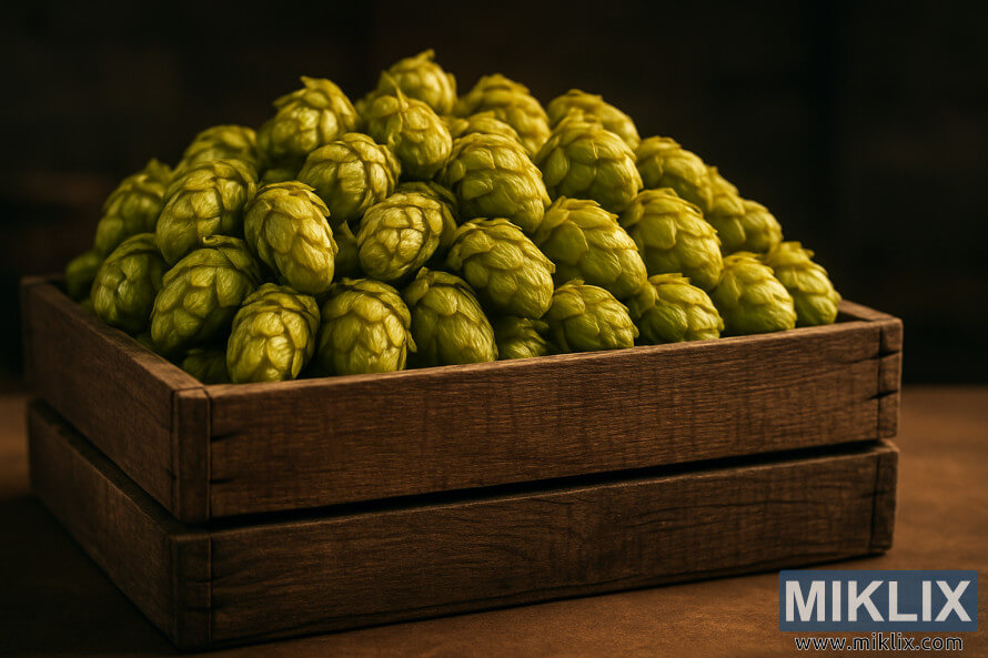 Close-up of vibrant golden-green hop cones stacked in a rustic wooden crate with a softly blurred warehouse background.