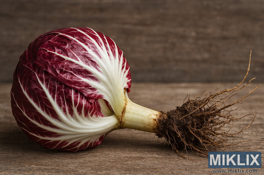 Freshly harvested radicchio head with root system on rustic wood