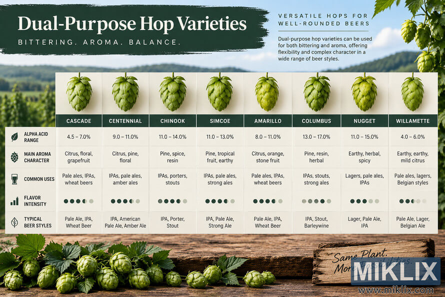 Landscape infographic comparing dual-purpose hop varieties including Cascade, Centennial, Chinook, Simcoe, Amarillo, Columbus, Nugget, and Willamette by alpha-acid range, aroma character, common uses, flavor intensity, and typical beer styles, set against a realistic hop field. Landscape infographic comparing dual-purpose hop varieties including Cascade, Centennial, Chinook, Simcoe, Amarillo, Columbus, Nugget, and Willamette by alpha-acid range, aroma character, common uses, flavor intensity, and typical beer styles, set against a realistic hop field.