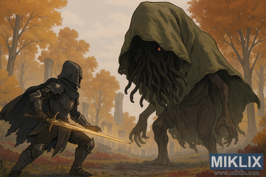 IlÂ·lustraciÃ³ d'estil anime de l'armadura Tarnished amb Black Knife lluitant contra Wormface a l'altiplÃ  d'Altus d'Elden Ring.