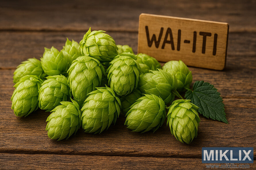 Vibrant green Wai-iti hop cones arranged on a rustic wooden table with a labeled sign