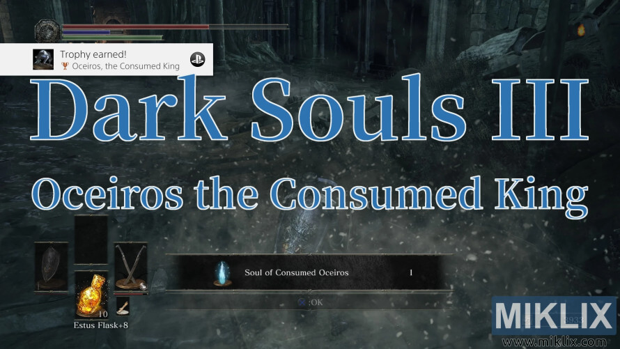 Dark Souls III screenshot showing victory over Oceiros the Consumed King with reward notification. Dark Souls III screenshot showing victory over Oceiros the Consumed King with reward notification.