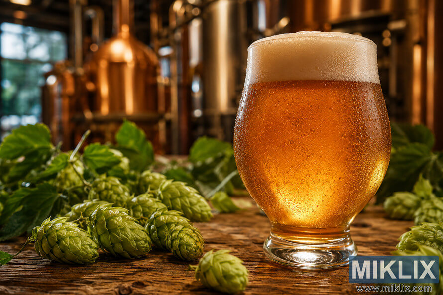 Close-up of a golden amber craft beer with a frothy white head and condensation on the glass, surrounded by fresh green hop cones on a rustic wooden table inside a softly lit brewery. Close-up of a golden amber craft beer with a frothy white head and condensation on the glass, surrounded by fresh green hop cones on a rustic wooden table inside a softly lit brewery.