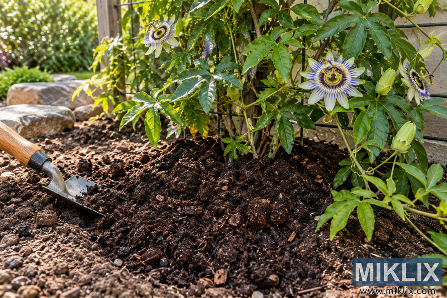 Passionflower vine with purple and white blooms beside dark compost spread over a garden bed, with a hand trowel resting in the soil. Passionflower vine with purple and white blooms beside dark compost spread over a garden bed, with a hand trowel resting in the soil.