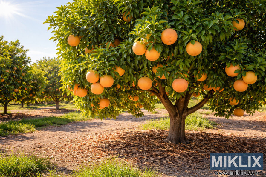 Gesonde pomeloboom met ryp vrugte wat in volle son groei op goed dreinerende grond in 'n boord Gesonde pomeloboom met ryp vrugte wat in volle son groei op goed dreinerende grond in 'n boord
