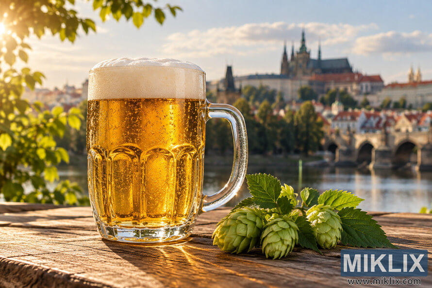 Golden Czech pale lager with a creamy white head in a traditional glass mug beside fresh green hop cones on a rustic wooden table, with a softly blurred historic riverside cityscape in warm evening sunlight.