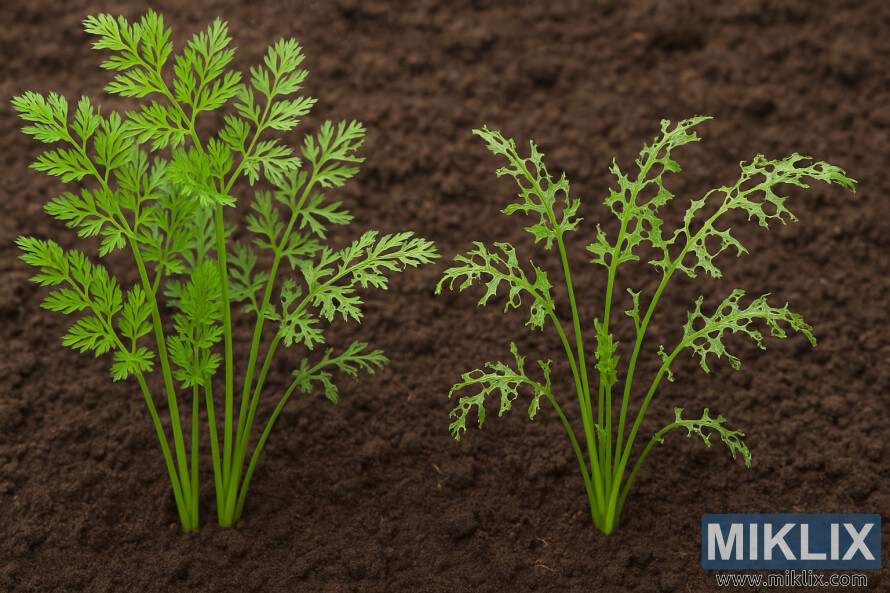 ComparaciÃ³n lado a lado de hojas de zanahoria sanas y hojas de zanahoria daÃ±adas por plagas que crecen en el suelo.