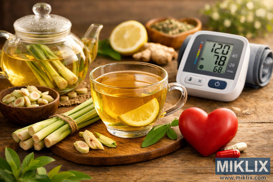 Landscape photo of a heart-health concept scene featuring a glass teapot and cup of golden lemongrass tea on a wooden surface, surrounded by fresh lemongrass, lemon, ginger, and dried herbs, with a digital blood pressure monitor displaying healthy readings on the right and a red heart-shaped object with two capsules in the foreground. Landscape photo of a heart-health concept scene featuring a glass teapot and cup of golden lemongrass tea on a wooden surface, surrounded by fresh lemongrass, lemon, ginger, and dried herbs, with a digital blood pressure monitor displaying healthy readings on the right and a red heart-shaped object with two capsules in the foreground.