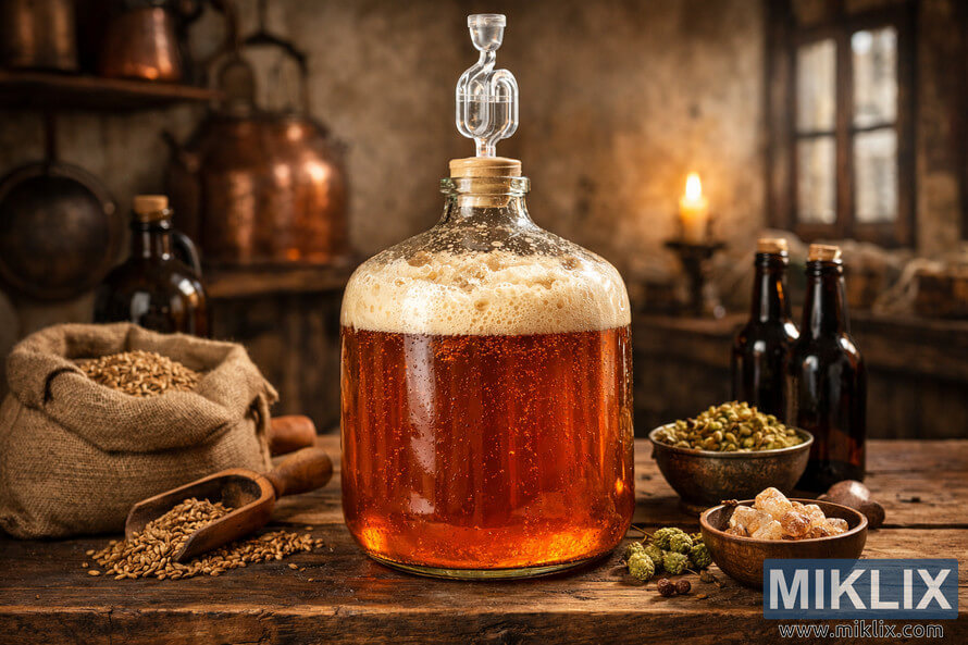 A glass carboy filled with fermenting Belgian ale sits on a rustic wooden table surrounded by brewing ingredients and copper equipment in a traditional Belgian homebrewing setting. A glass carboy filled with fermenting Belgian ale sits on a rustic wooden table surrounded by brewing ingredients and copper equipment in a traditional Belgian homebrewing setting.