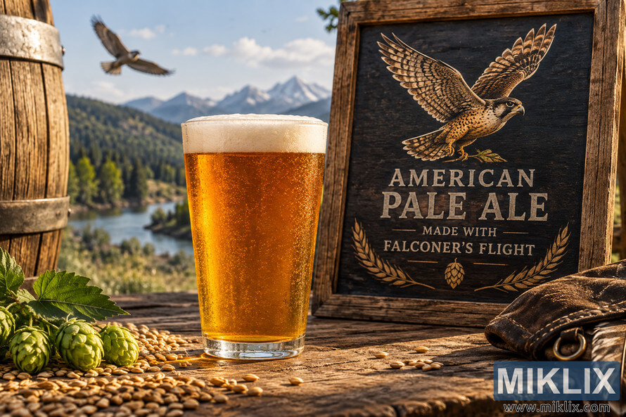 Golden American Pale Ale in a pint glass beside hops, barley, a rustic wooden sign with a flying falcon, and falconry gear, overlooking a forested mountain lake. Golden American Pale Ale in a pint glass beside hops, barley, a rustic wooden sign with a flying falcon, and falconry gear, overlooking a forested mountain lake.