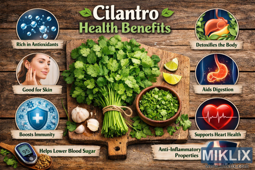 Landscape infographic-style photo on a rustic wooden surface showing a fresh bunch of cilantro on a cutting board, a bowl of chopped cilantro, lime wedges, garlic cloves, and cilantro seeds, surrounded by circular icons and text highlighting cilantro health benefits such as antioxidants, detoxification, digestion support, heart health, immunity, skin health, blood sugar balance, and anti-inflammatory properties. Landscape infographic-style photo on a rustic wooden surface showing a fresh bunch of cilantro on a cutting board, a bowl of chopped cilantro, lime wedges, garlic cloves, and cilantro seeds, surrounded by circular icons and text highlighting cilantro health benefits such as antioxidants, detoxification, digestion support, heart health, immunity, skin health, blood sugar balance, and anti-inflammatory properties.