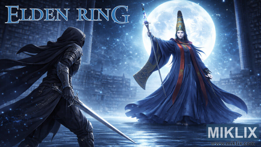 Fan art of the Tarnished in Black Knife armor facing Rennala, Queen of the Full Moon, in the flooded library of Raya Lucaria Academy in Elden Ring. Fan art of the Tarnished in Black Knife armor facing Rennala, Queen of the Full Moon, in the flooded library of Raya Lucaria Academy in Elden Ring.