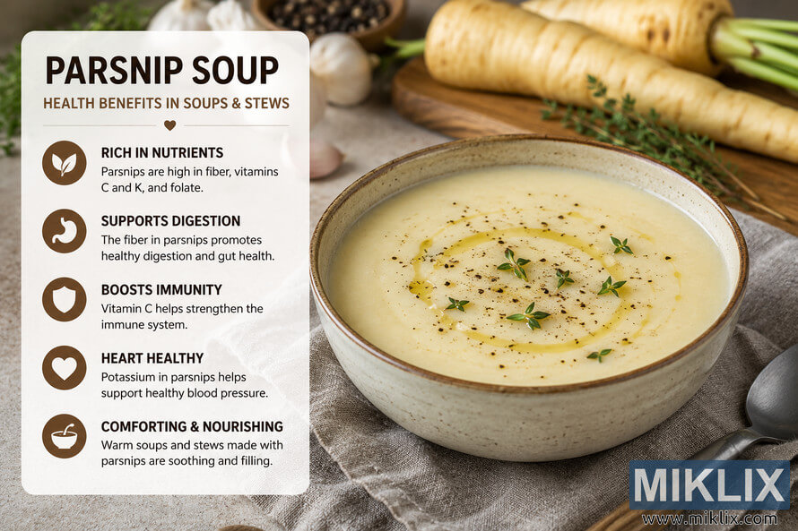 Landscape food photograph showing a creamy bowl of parsnip soup garnished with herbs and olive oil beside fresh parsnips, garlic, herbs, and a rustic spoon, with an infographic panel summarizing the nutritional and health benefits of parsnips in soups and stews. Landscape food photograph showing a creamy bowl of parsnip soup garnished with herbs and olive oil beside fresh parsnips, garlic, herbs, and a rustic spoon, with an infographic panel summarizing the nutritional and health benefits of parsnips in soups and stews.