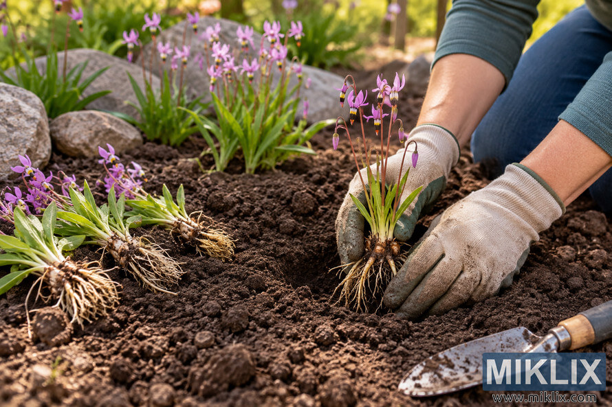 Gloved gardener planting a pink-purple flowering division in freshly prepared soil, with additional divisions, rocks, foliage, and a hand trowel nearby.