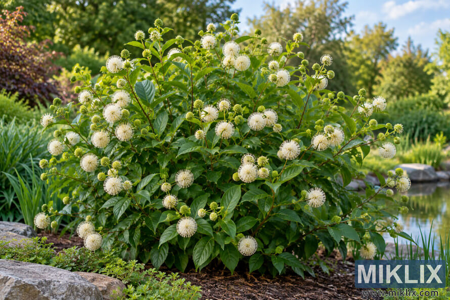 Mature green buttonbush covered in white spherical flowers and green buds beside rocks, groundcover, grasses, and a garden pond. Mature green buttonbush covered in white spherical flowers and green buds beside rocks, groundcover, grasses, and a garden pond.