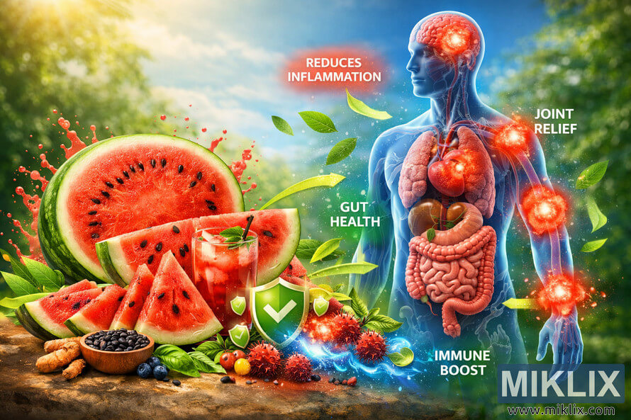 Illustration of a semi-transparent human body with glowing inflamed areas and healing blue light, connected by green arrows to sliced watermelon, a glass of watermelon juice, seeds, turmeric roots, blueberries, and basil leaves in the foreground, with shields, particles, and labels such as REDUCES INFLAMMATION, JOINT RELIEF, GUT HEALTH, and IMMUNE BOOST against a blurred green outdoor background. Illustration of a semi-transparent human body with glowing inflamed areas and healing blue light, connected by green arrows to sliced watermelon, a glass of watermelon juice, seeds, turmeric roots, blueberries, and basil leaves in the foreground, with shields, particles, and labels such as REDUCES INFLAMMATION, JOINT RELIEF, GUT HEALTH, and IMMUNE BOOST against a blurred green outdoor background.