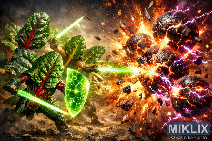 Landscape digital illustration of anthropomorphized Swiss chard leaves as glowing green energy warriors battling fiery, cracked free radical orbs, with beams, shields, explosions, and sparks in a dramatic sci‑fi, photorealistic nutrient battlefield. Landscape digital illustration of anthropomorphized Swiss chard leaves as glowing green energy warriors battling fiery, cracked free radical orbs, with beams, shields, explosions, and sparks in a dramatic sci‑fi, photorealistic nutrient battlefield.