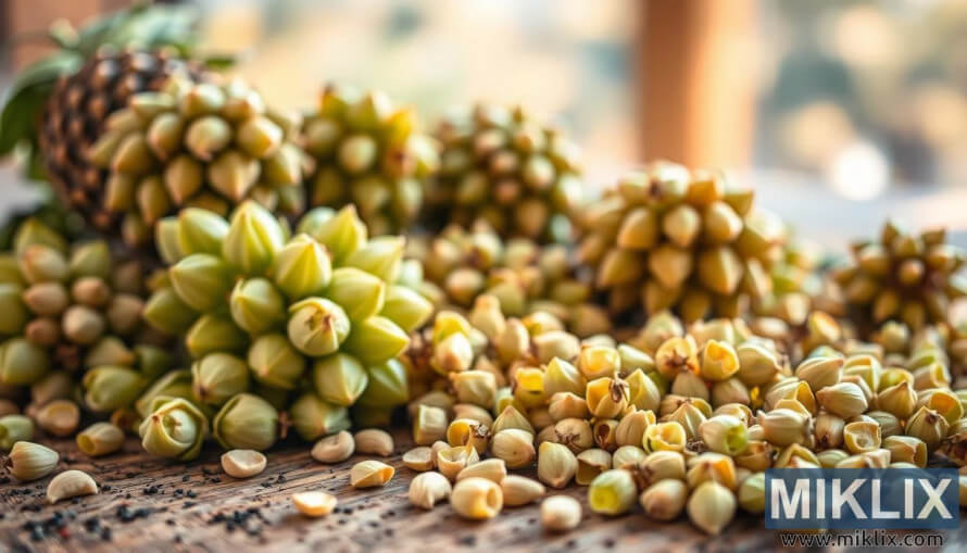 Close-up of hop cones and pellets on rustic wood, showing diverse textures and varieties under warm natural light.
