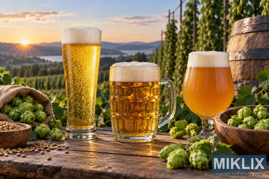 Landscape photograph of three unbranded beersâa golden pilsner, lager in a glass mug, and hazy pale aleâsurrounded by fresh green hops and barley on a rustic wooden table in a hop field at sunset. Landscape photograph of three unbranded beersâa golden pilsner, lager in a glass mug, and hazy pale aleâsurrounded by fresh green hops and barley on a rustic wooden table in a hop field at sunset.