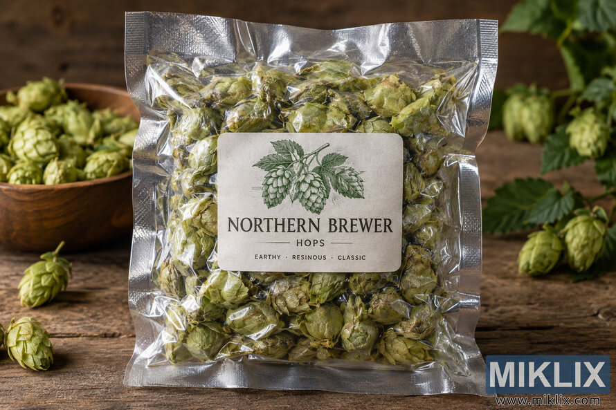 Vacuum-sealed clear package filled with green Northern Brewer hop cones, featuring an unbranded botanical label and surrounded by loose hops, hop leaves, and a wooden bowl on a rustic timber surface.