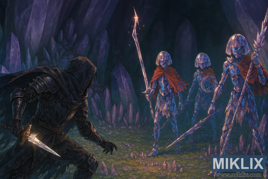 Anime-style fan art of the Tarnished battling three Putrid Crystalians in a crystal cave