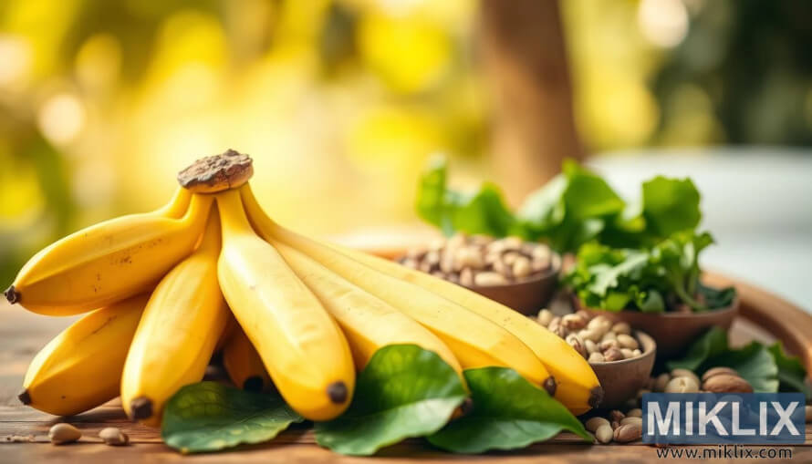 Cluster of ripe yellow bananas with green leaves, nuts, seeds, and greens in warm light. Cluster of ripe yellow bananas with green leaves, nuts, seeds, and greens in warm light.